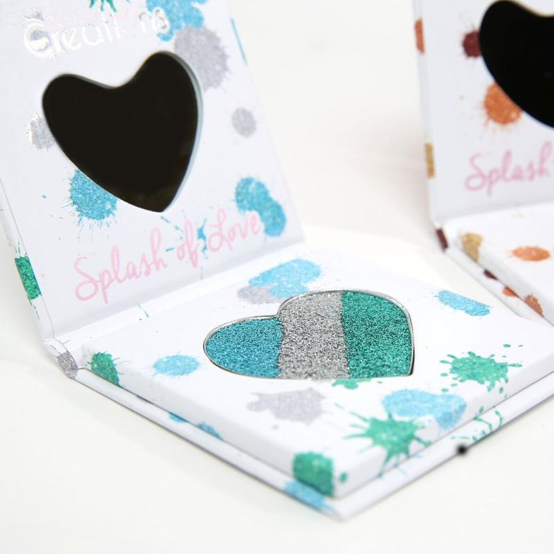 Splash of Love is one of four different pressed compact glitters. Smooth, creamy and pigmented makes application easy. No fall out and packed shine.